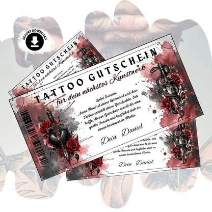 Digitaler Tattoo Gutschein im Gothic-Stil mit Dolch und blutendem Herz
