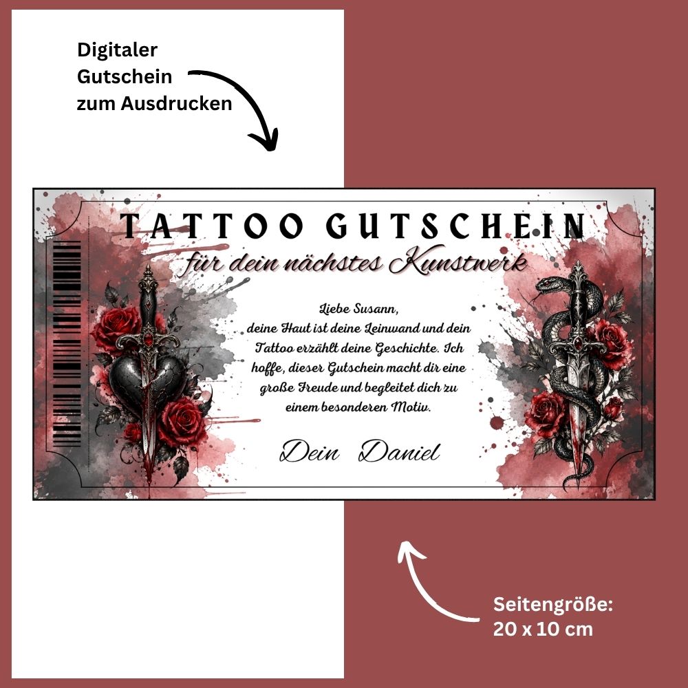 Tattoo Gutschein Gothic als sofort Download – druckfertig und personalisierbar