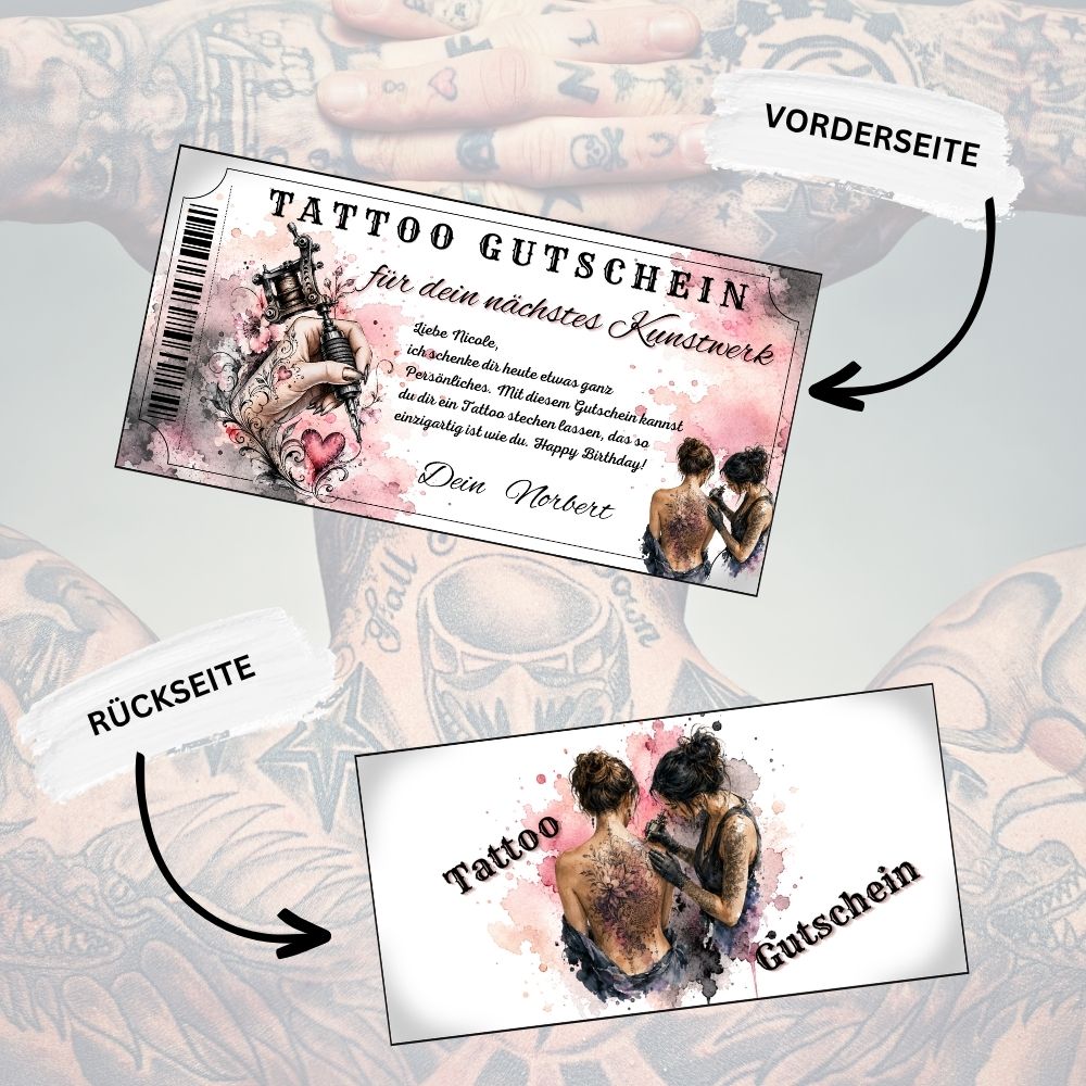 Tattoo Gutschein mit femininer Hand und floralen Ranken im Aquarell-Stil