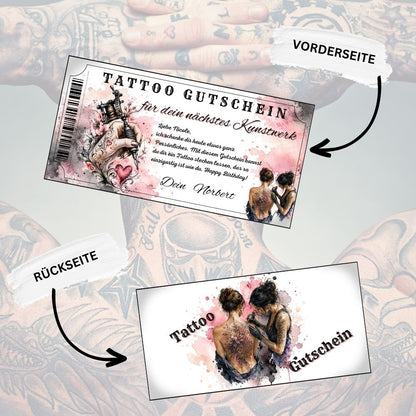 Tattoo Gutschein mit femininer Hand und floralen Ranken im Aquarell-Stil