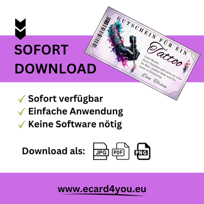 Tattoo Gutschein mit Tattoo-Maschine in Latexhandschuh als Geschenkidee für Frauen