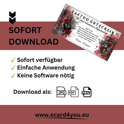 Tattoo Gutschein mit durchbohrtem Herz und roten Rosen als Geschenkidee