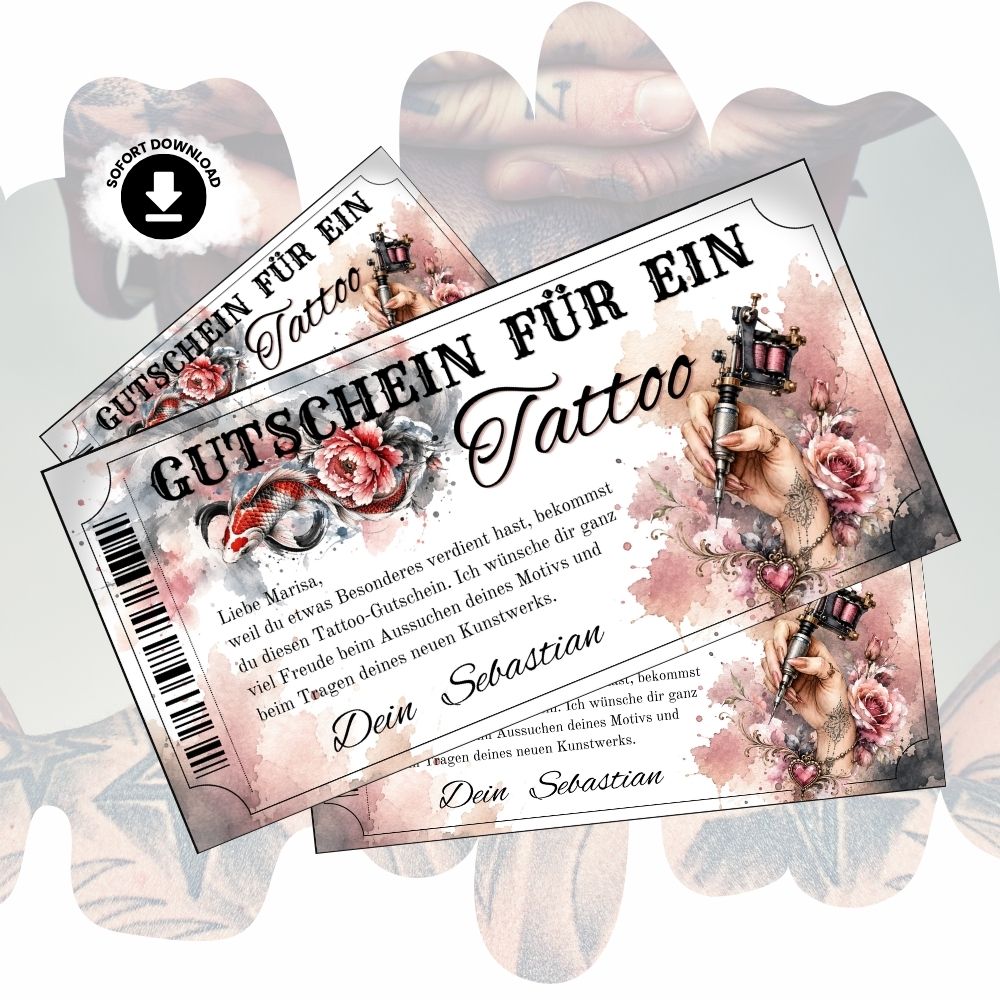 Digitaler Tattoo Gutschein mit Koi-Fisch und Pfingstrosen-Motiv