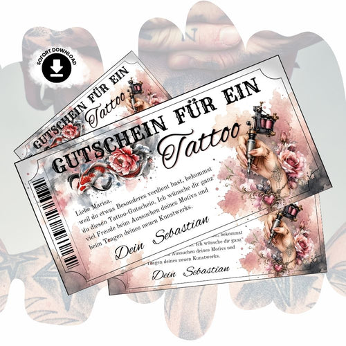 Digitaler Tattoo Gutschein mit Koi-Fisch und Pfingstrosen-Motiv