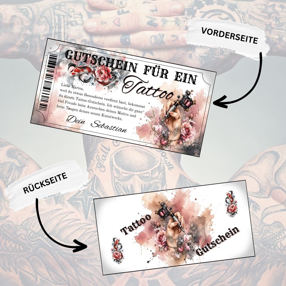Tattoo Gutschein mit Koi-Fisch und Pfingstrose im japanisch inspirierten Aquarell-Stil