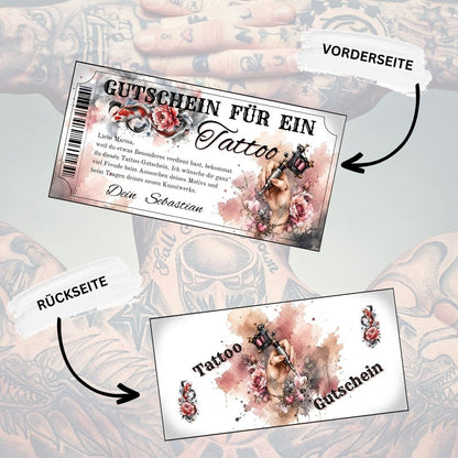 Tattoo Gutschein mit Koi-Fisch und Pfingstrose im japanisch inspirierten Aquarell-Stil