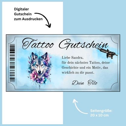 Tattoo Gutschein Mann sofort Download – druckfertige Vorlage mit Wolf und Blumen-Motiv