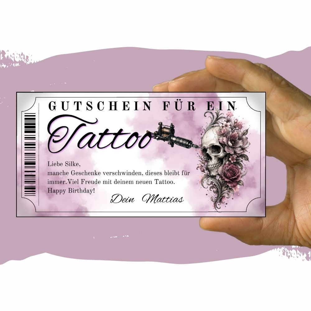 Tattoo Gutschein im Memento-Mori-Stil mit Totenkopf und filigranen Ranken
