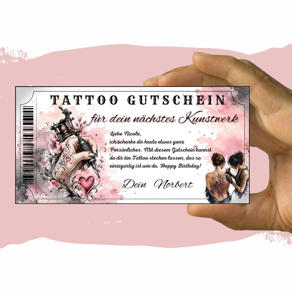 Tattoo Gutschein im romantischen Design mit Rosé-Ton und Blueten