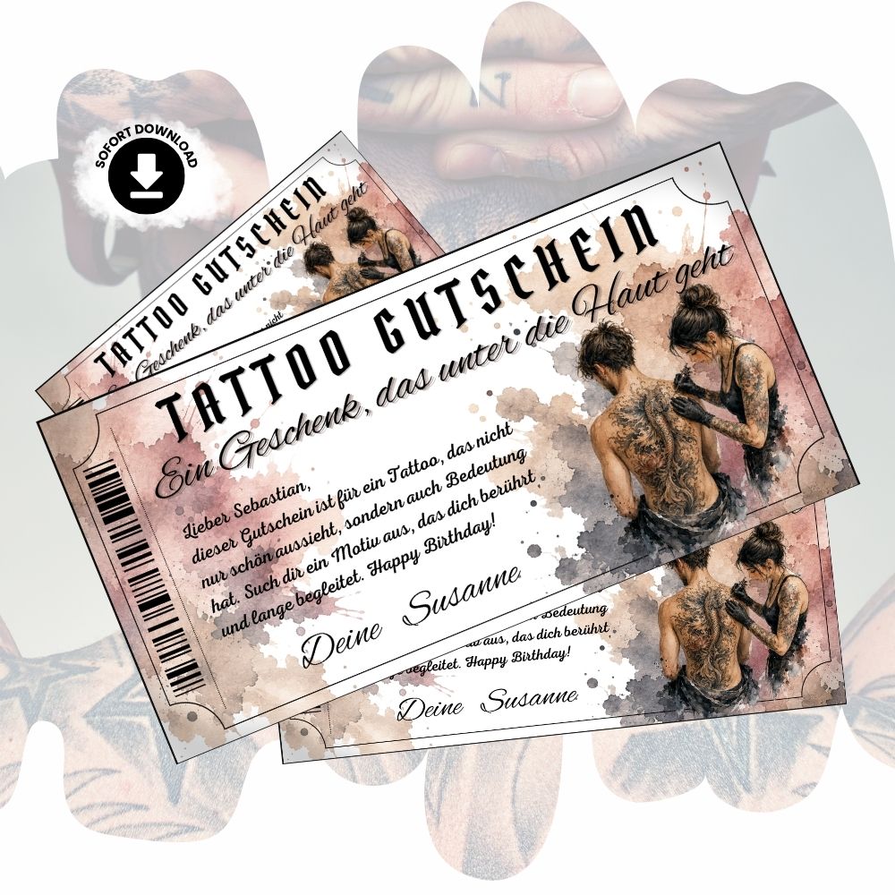 Digitaler Tattoo Gutschein mit authentischer Rückentattoo-Studio-Szene