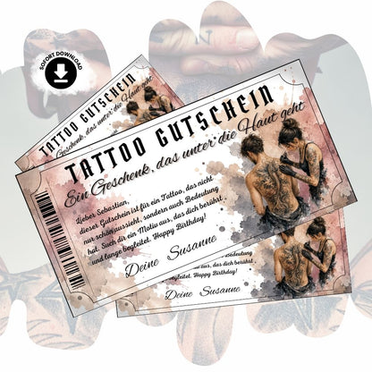 Digitaler Tattoo Gutschein mit authentischer Rückentattoo-Studio-Szene