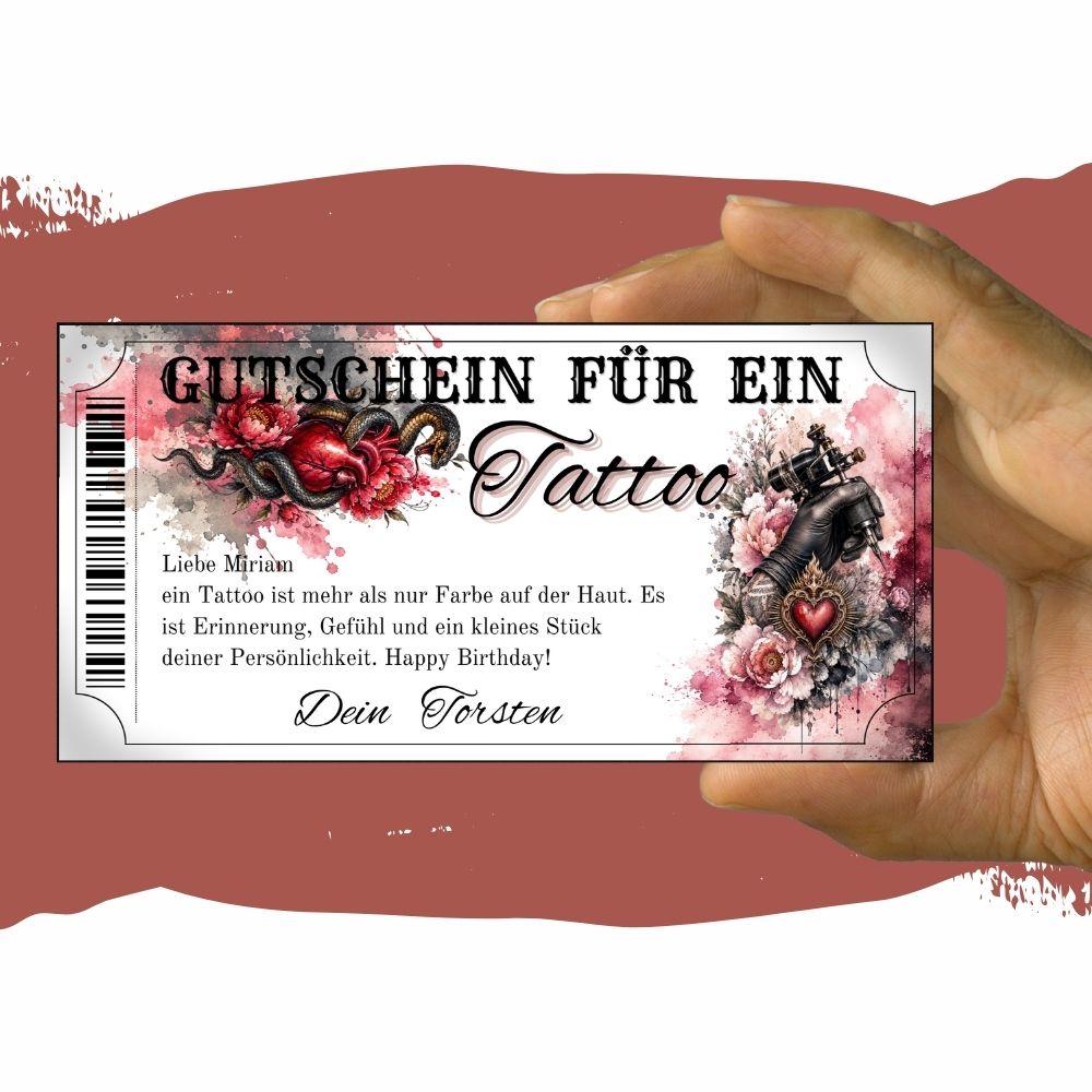 Tattoo Gutschein mit goldverziertem Sacred Heart und Strahlenkranz