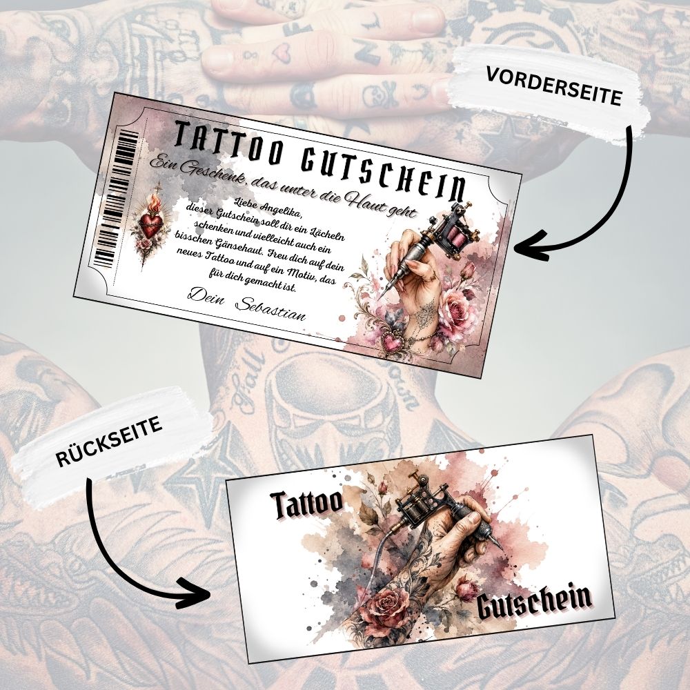 Tattoo Gutschein mit Sacred Heart und goldenem Strahlenkranz auf grau-mauve Hintergrund