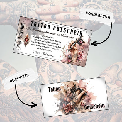 Tattoo Gutschein mit Sacred Heart und goldenem Strahlenkranz auf grau-mauve Hintergrund