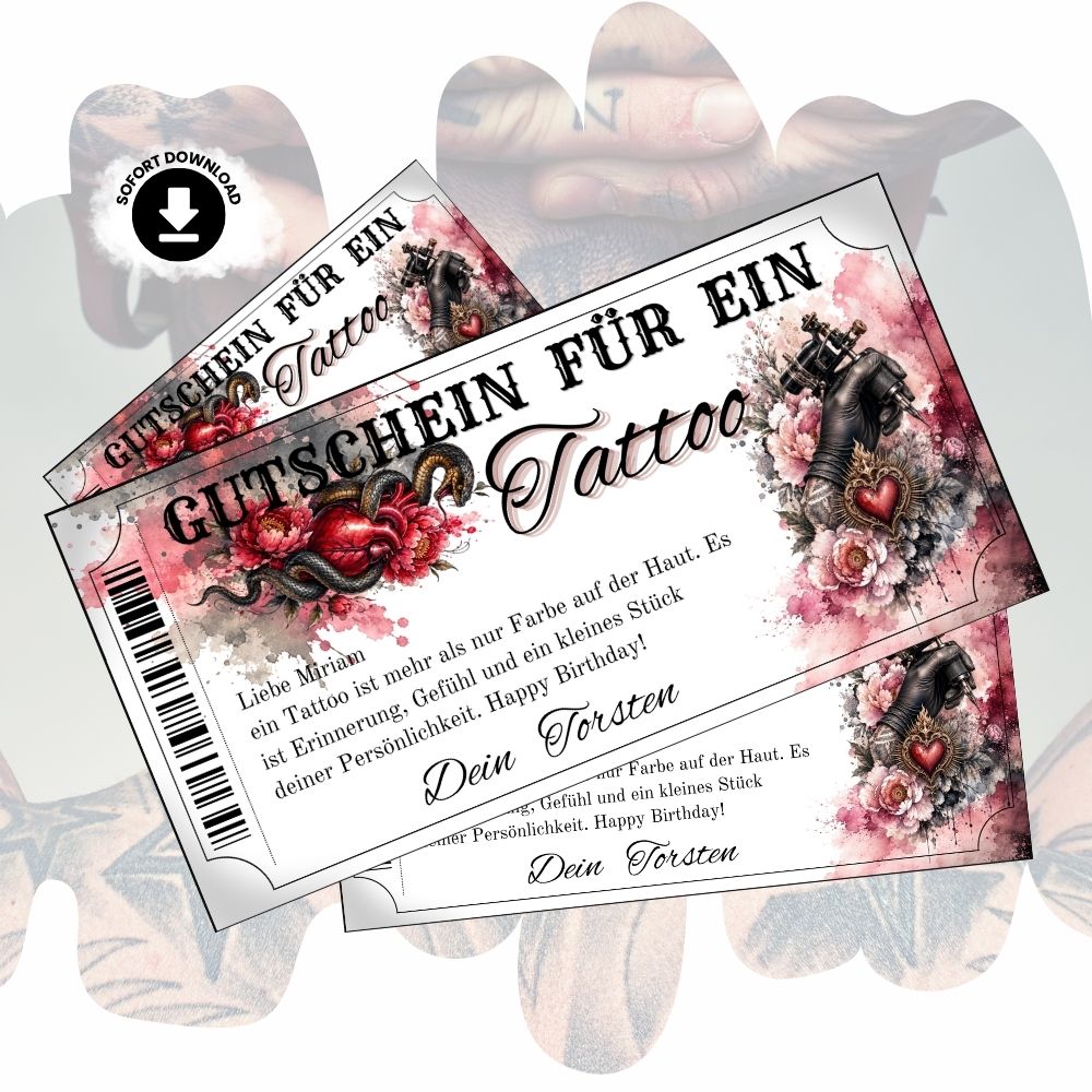 Digitaler Tattoo Gutschein mit Schlange und rotem Herz-Motiv