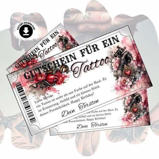 Digitaler Tattoo Gutschein mit Schlange und rotem Herz-Motiv