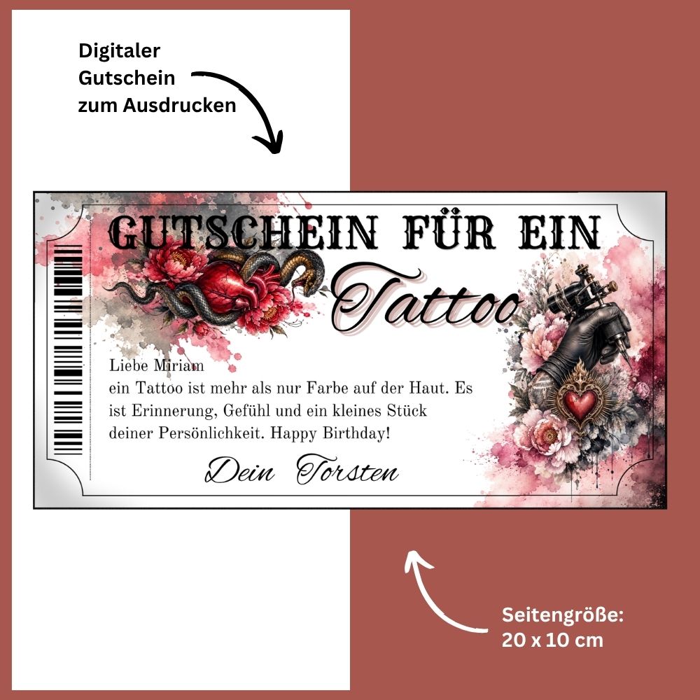 Tattoo Gutschein Schlange als sofort Download – druckfertig und personalisierbar