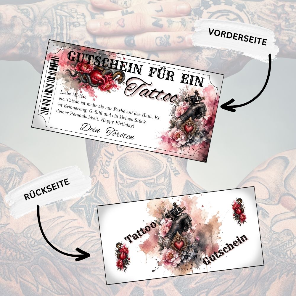 Tattoo Gutschein mit Schlange und Pfingstrosen auf grau-rosa Aquarell-Hintergrund