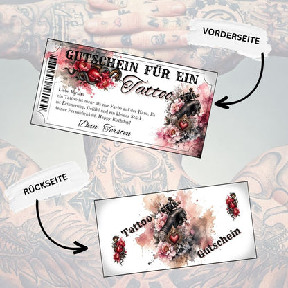 Tattoo Gutschein mit Schlange und Pfingstrosen auf grau-rosa Aquarell-Hintergrund