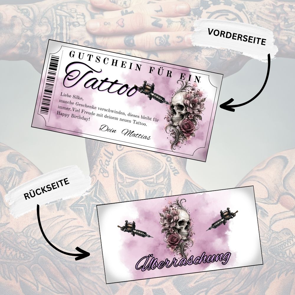 Tattoo Gutschein mit Skull-Design und Rosen-Ornamenten auf rosa Aquarell-Hintergrund