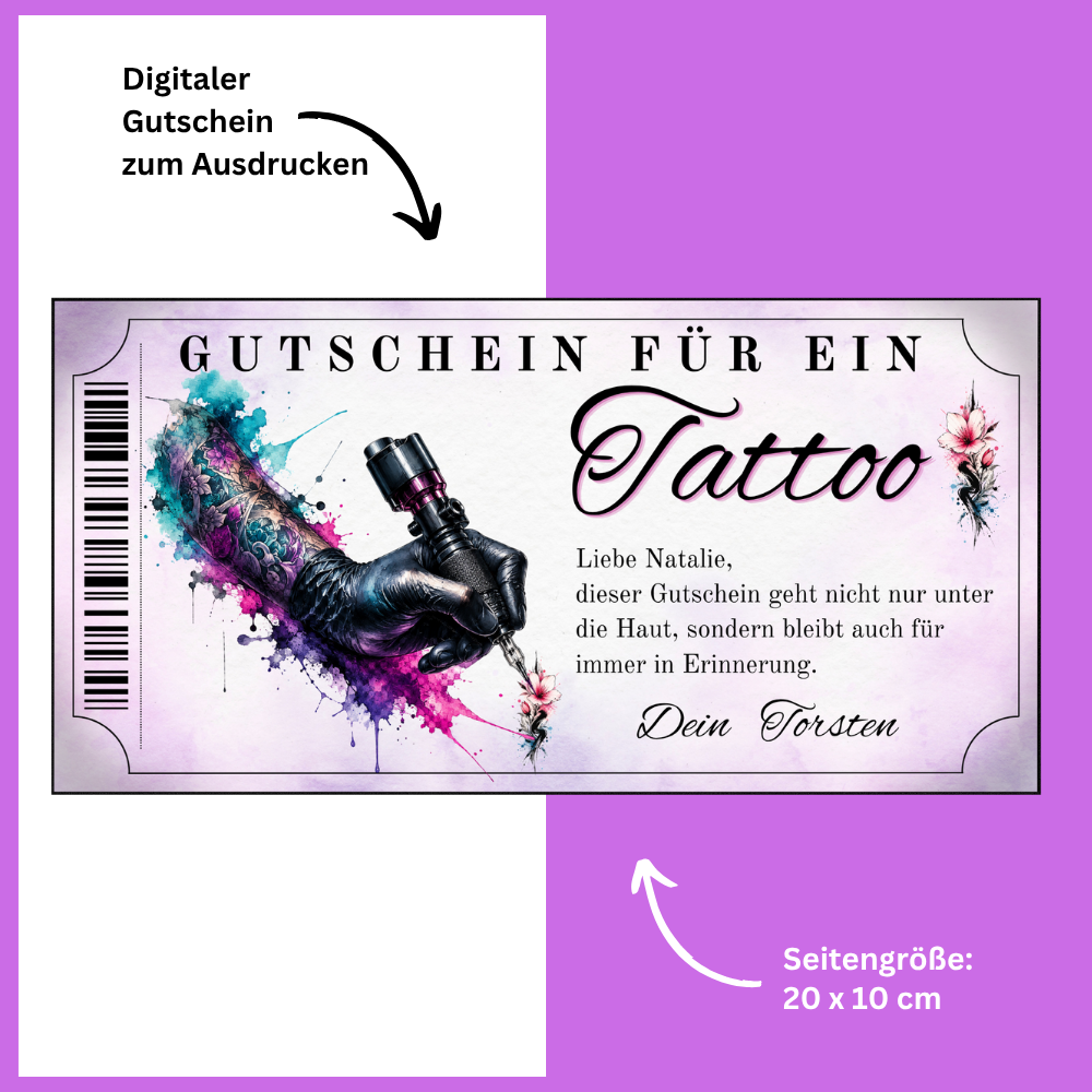Tattoo Gutschein für Frauen als sofort Download – druckfertig und personalisierbar