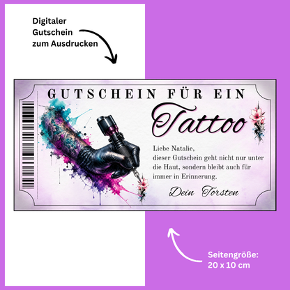 Tattoo Gutschein für Frauen als sofort Download – druckfertig und personalisierbar
