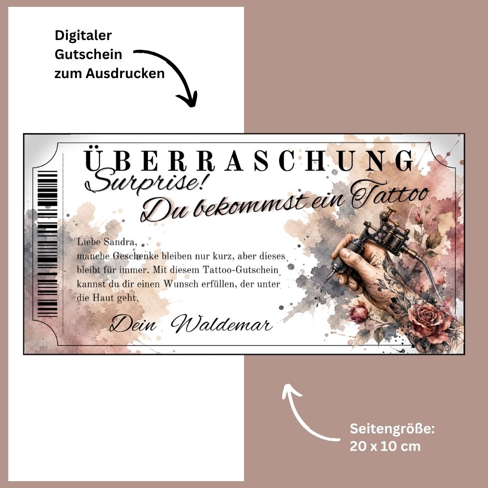 Tattoo Gutschein Überraschung als sofort Download – druckfertig und personalisierbar