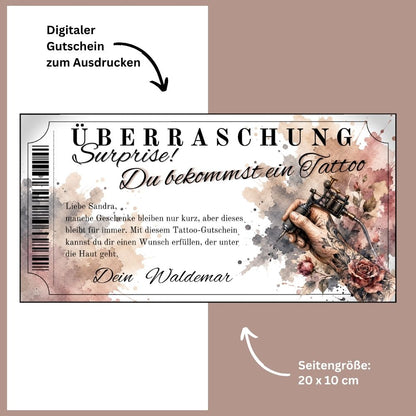 Tattoo Gutschein Überraschung als sofort Download – druckfertig und personalisierbar