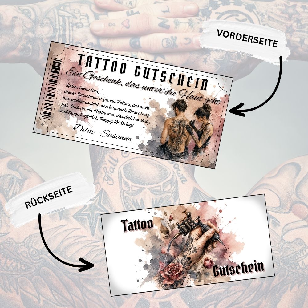 Tattoo Gutschein mit Taetowiererin bei der Arbeit im warmen Aquarell-Stil