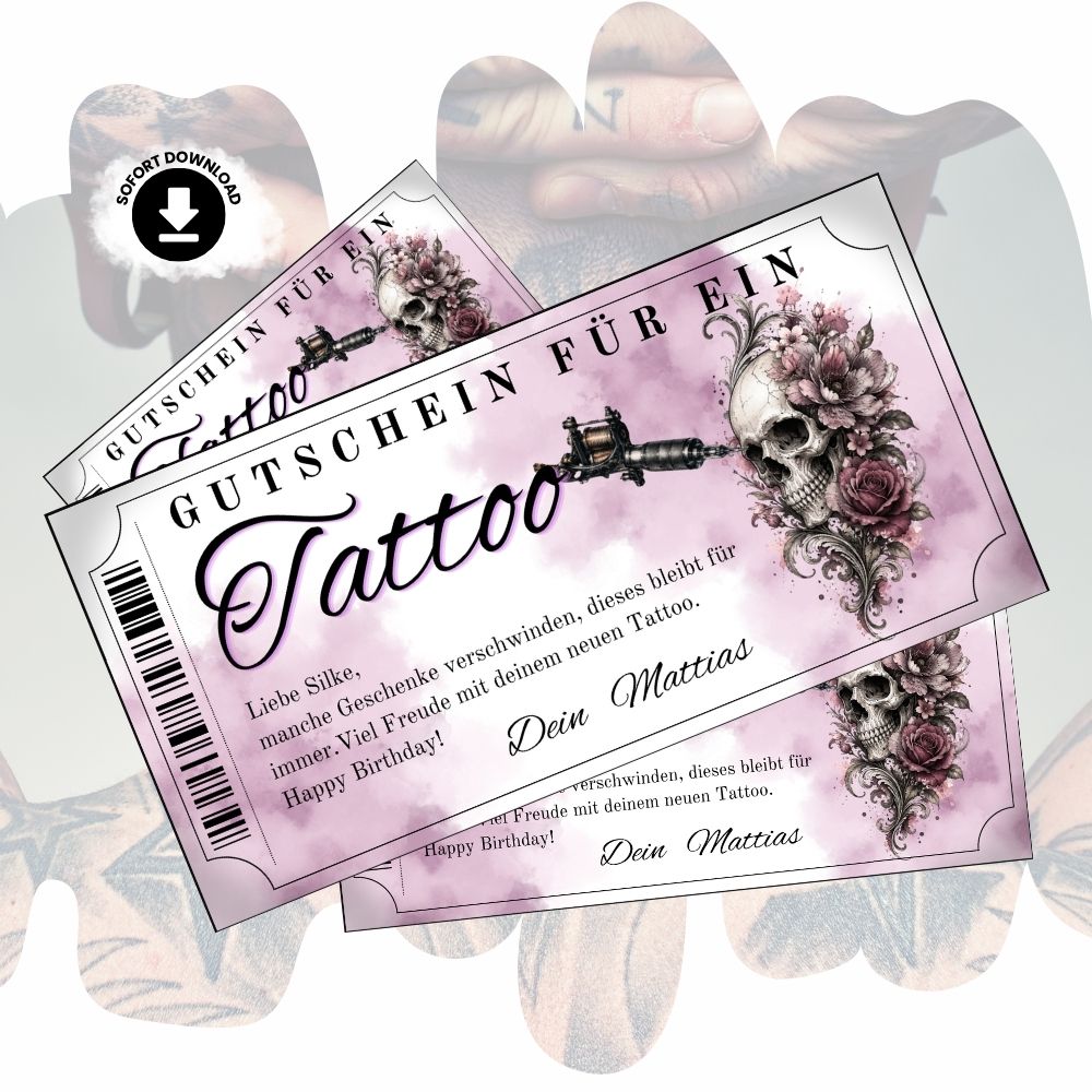 Digitaler Tattoo Gutschein mit filigranem Totenkopf-Rosen-Motiv in Mauve