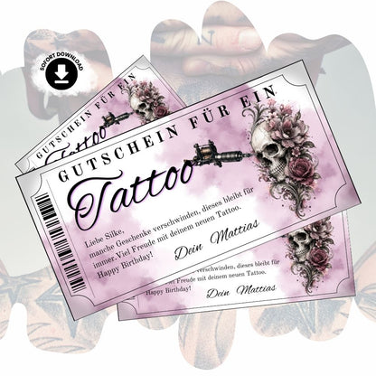 Digitaler Tattoo Gutschein mit filigranem Totenkopf-Rosen-Motiv in Mauve
