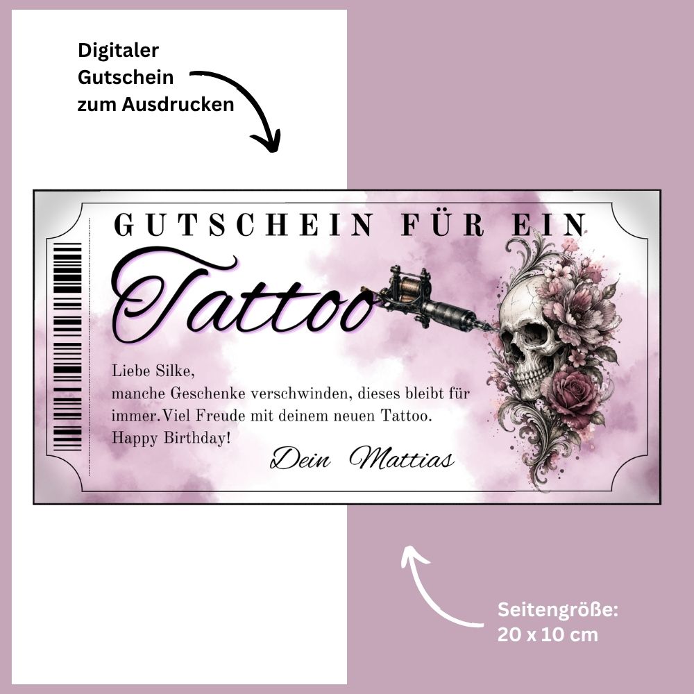 Tattoo Gutschein Totenkopf als sofort Download – druckfertig und personalisierbar