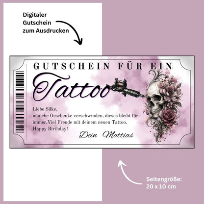 Tattoo Gutschein Totenkopf als sofort Download – druckfertig und personalisierbar