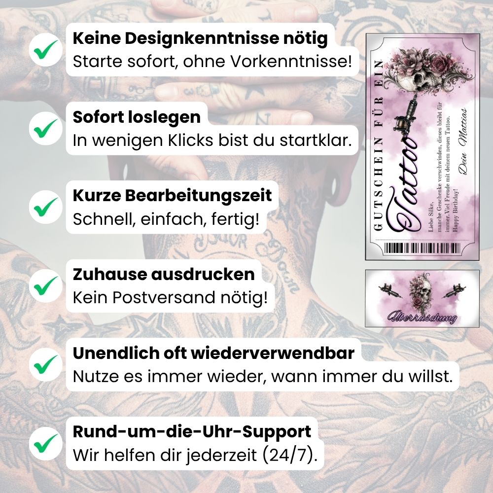 Tattoo Gutschein Totenkopf selbst personalisieren mit eigenem Namen und Botschaft