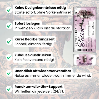 Tattoo Gutschein Totenkopf selbst personalisieren mit eigenem Namen und Botschaft