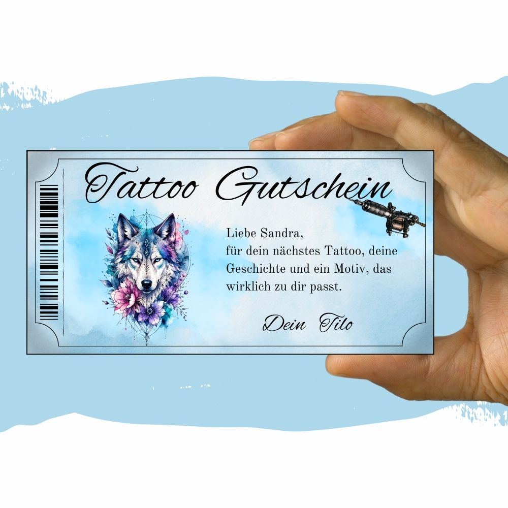 Tattoo Gutschein fuer Maenner zum Vatertag – mystisches Wolf-Design digital und personalisierbar