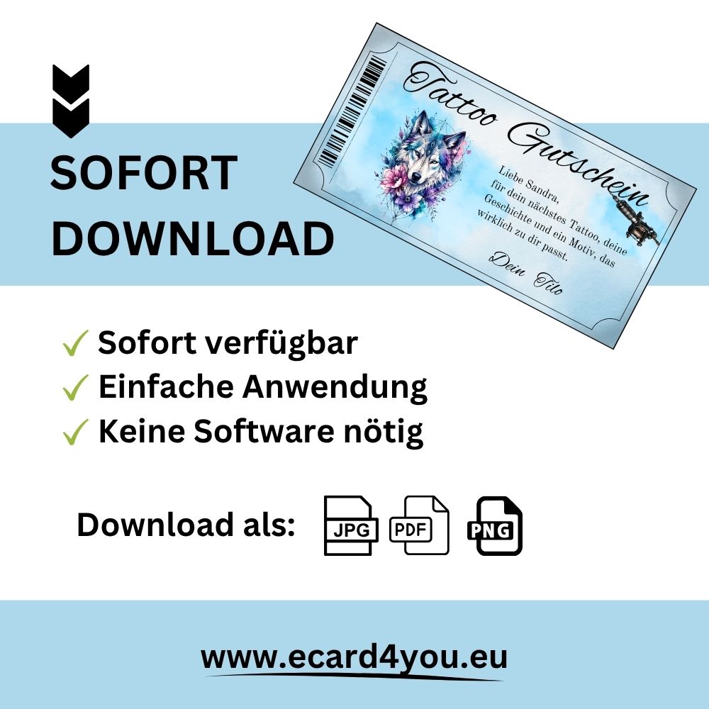 Digitaler Tattoo Gutschein Weihnachten Maenner – eisblaues Wolf-Motiv mit Tattoo-Maschine