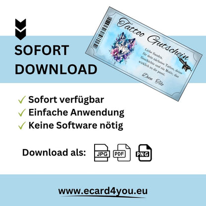 Digitaler Tattoo Gutschein Weihnachten Maenner – eisblaues Wolf-Motiv mit Tattoo-Maschine