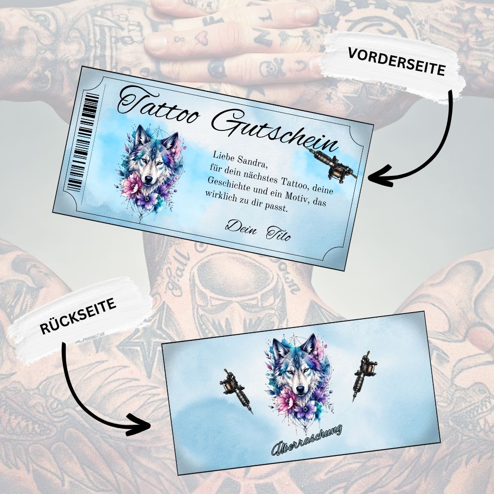 Tattoo Gutschein mit Wolf-Design auf hellblauem Hintergrund – digitale Vorlage fuer Maenner