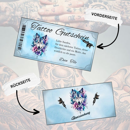 Tattoo Gutschein mit Wolf-Design auf hellblauem Hintergrund – digitale Vorlage fuer Maenner