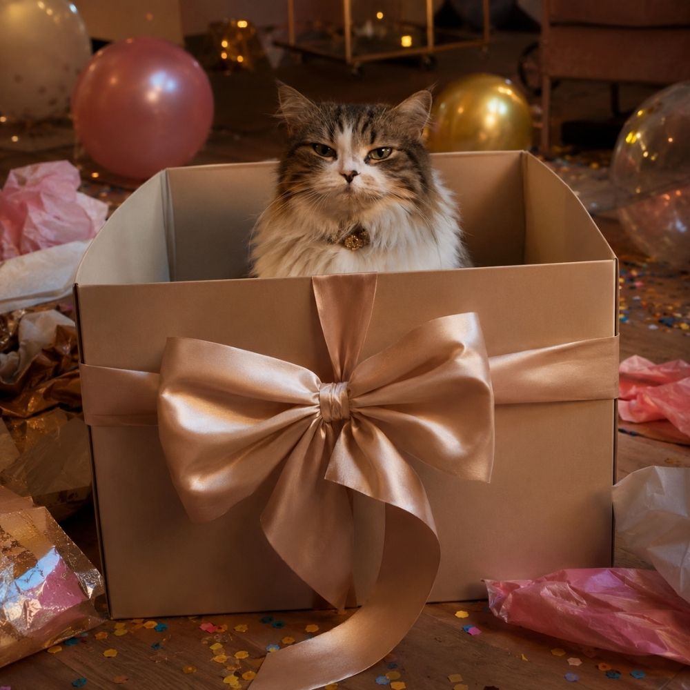Unbeeindruckte Katze sitzt in einer großen Geschenkbox mit Schleife und Konfetti – lustige digitale Party-Einladung