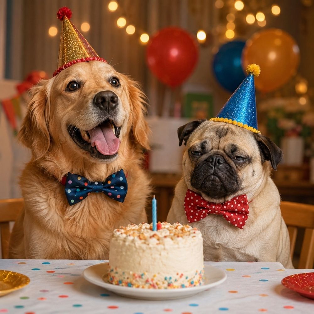 Zwei Hunde in Partyhüten und Fliegen sitzen an einem Tisch mit Geburtstagstorte – witzige digitale