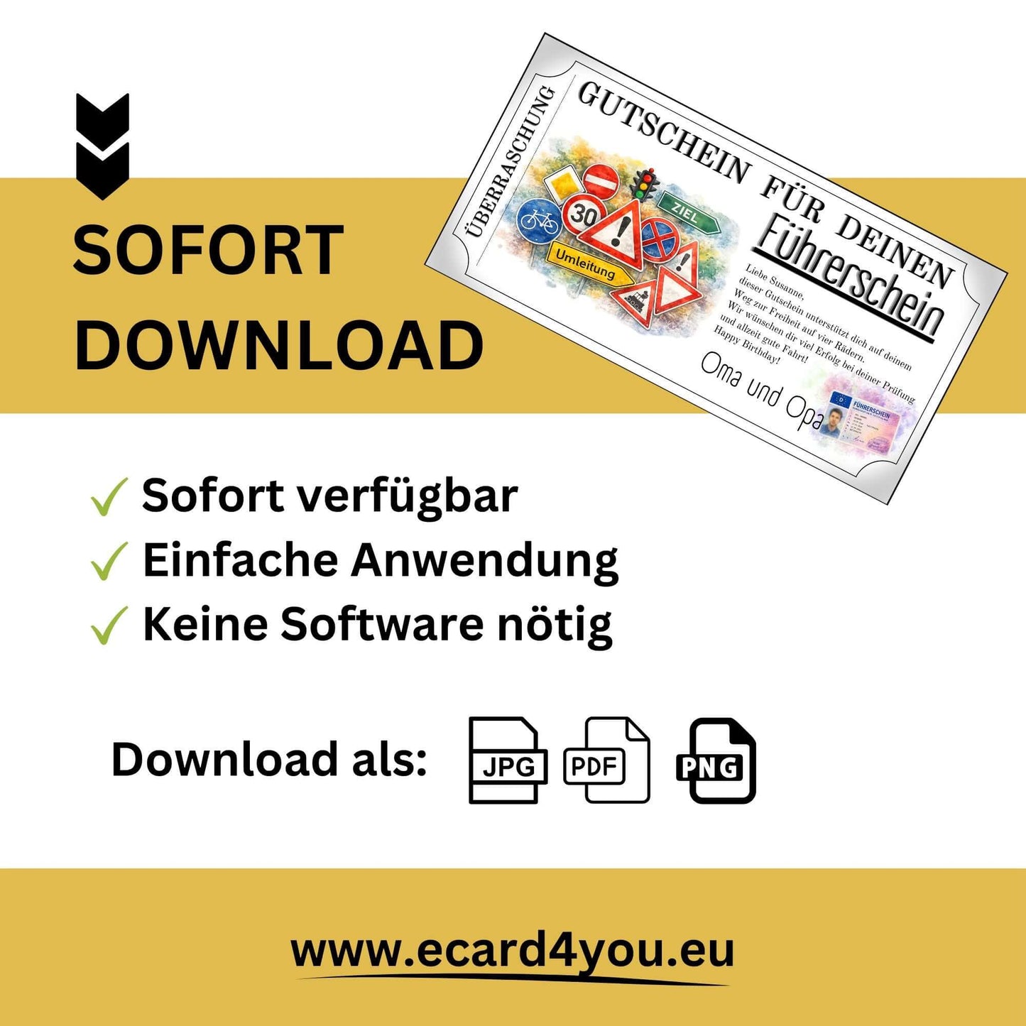 Digitale Gutscheinvorlage Führerschein mit violettem EU-Kartenakzent als Geschenkidee