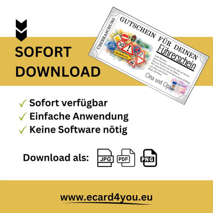 Digitale Gutscheinvorlage Führerschein mit violettem EU-Kartenakzent als Geschenkidee