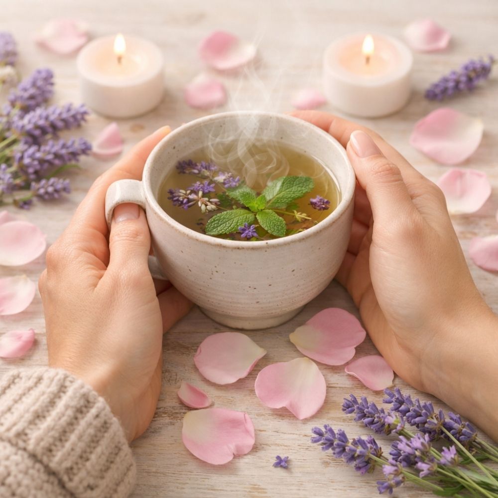 Zwei Frauenhände halten eine dampfende Tasse Kräutertee, umgeben von Lavendel und Kerzen – stimmungsvolles Bild für digitale Wellness Gutscheine