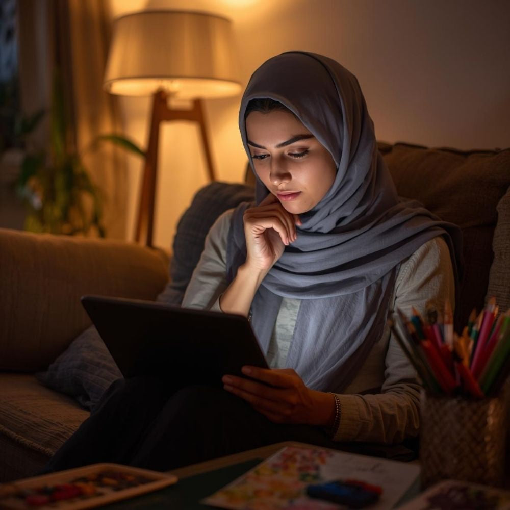 Frau die entspannt auf Sofa sitzt und einen digitalen Gutschein bearbeitet mit Tablet