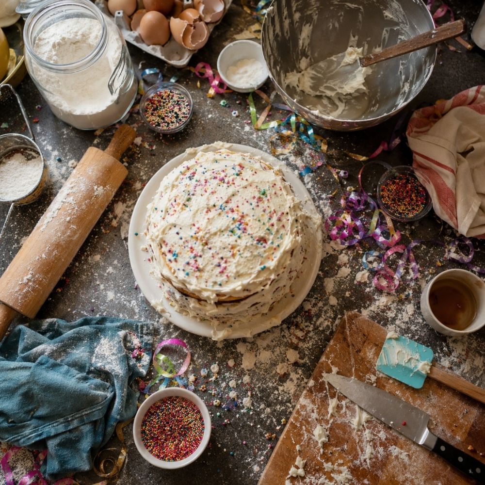 Chaotische Küchenszene mit schiefer selbstgemachter Torte, Streuseln und Luftschlangen – humorvolle digitale Einladung