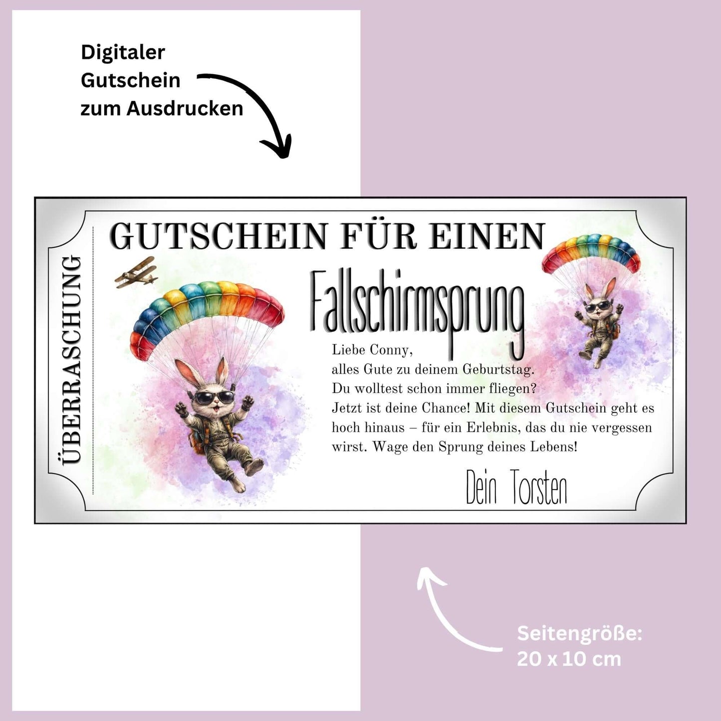 Gutschein Vorlage Fallschirmspringen lustig mit Hase in Sprungausrüstung im Ticket-Design