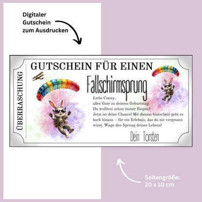 Gutschein Vorlage Fallschirmspringen lustig mit Hase in Sprungausrüstung im Ticket-Design