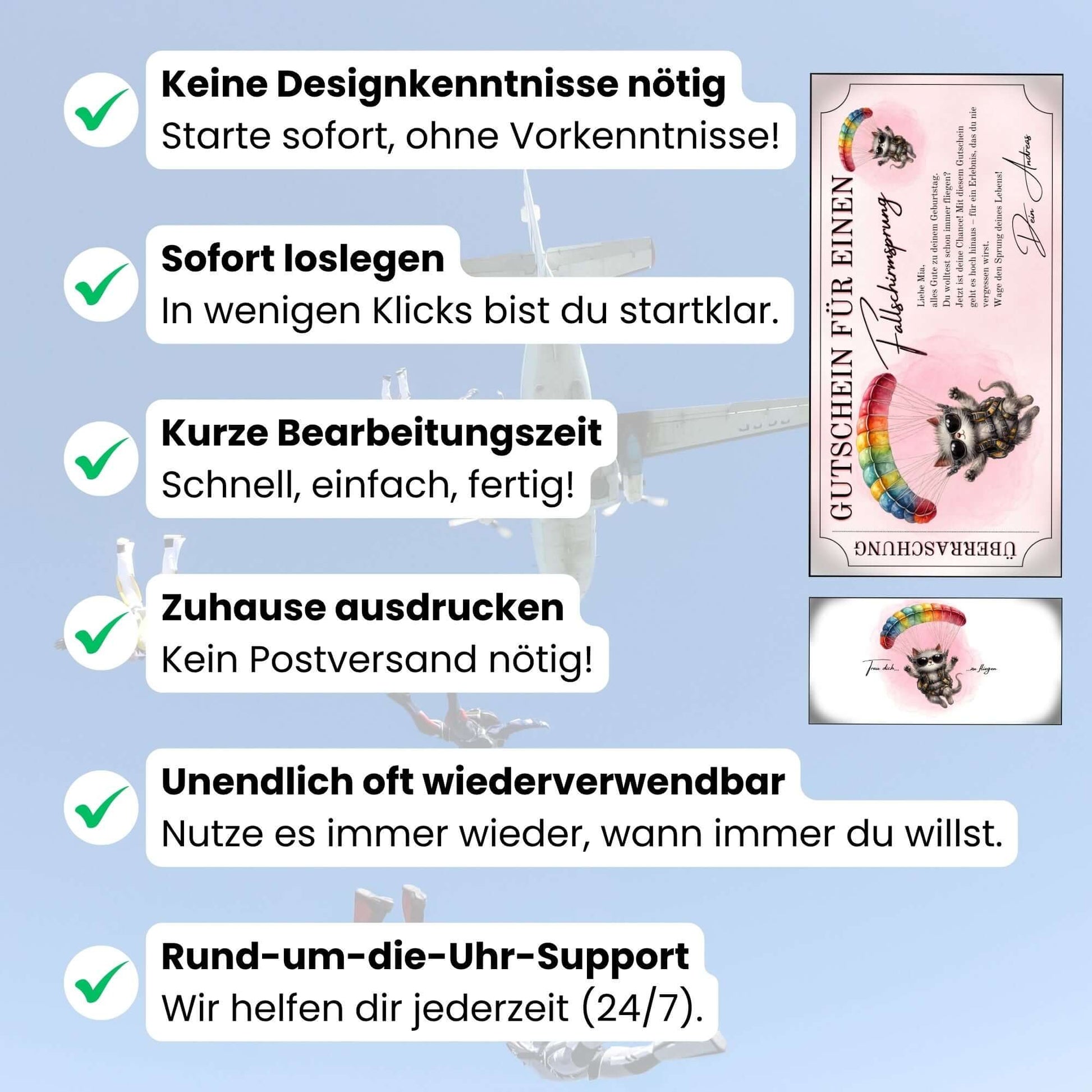 Witziger Skydiving Gutschein auf rosa Hintergrund mit springender Katze im Gurtzeug
